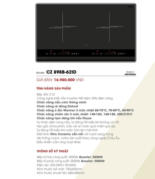 Bếp từ đôi Canzy CZ 898B-62ID