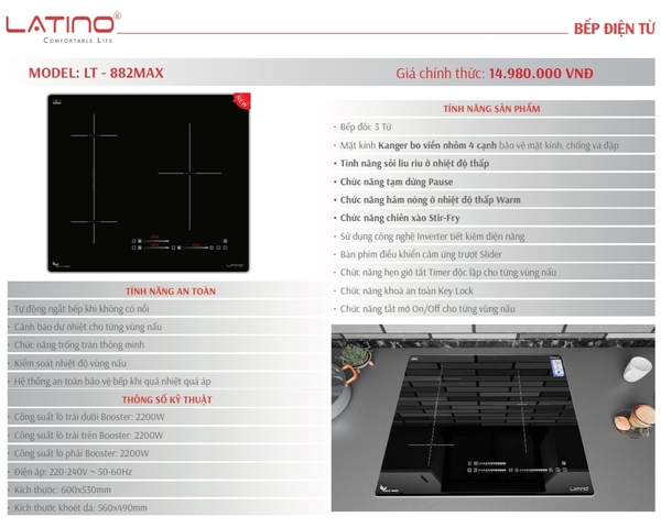 Bếp 3 từ Latino LT 882MAX | 3 vùng nấu |Bảo hành chính hãng 3 năm tại nhà