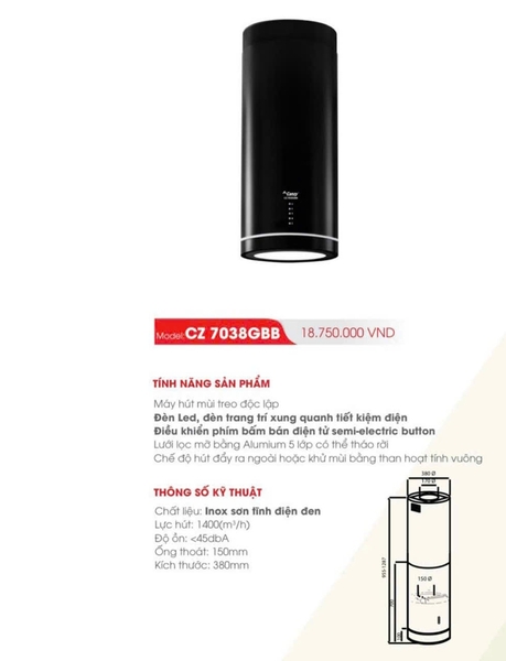 Máy hút mùi độc lập Canzy CZ 7038GBB