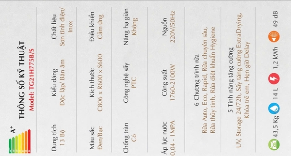 Máy rửa bát Texgio Dishwasher TG21H775B - 13 Bộ Sấy Khí Nóng, Diệt Khuẩn UV