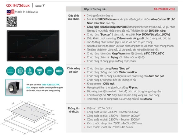 Bếp từ 3 vùng nấu GrandX GX IH736Lux