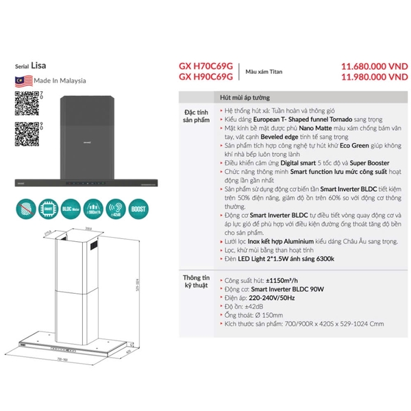 Máy Hút Mùi Grandx GX H90C69G