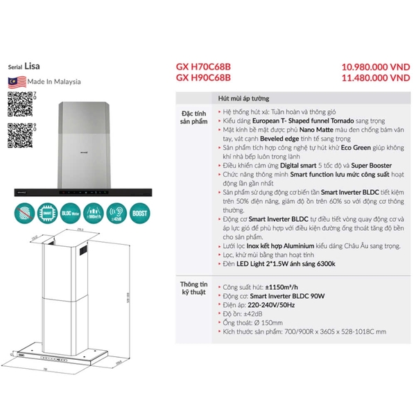 Máy Hút Mùi GrandX GX H70C68B