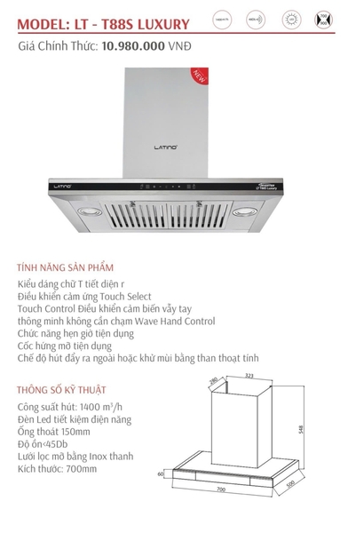 MÁY HÚT MÙI LATINO LT-T88S Luxury