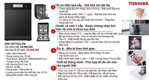 Máy rửa chén độc lập Toshiba DW-15F7(G)-VN