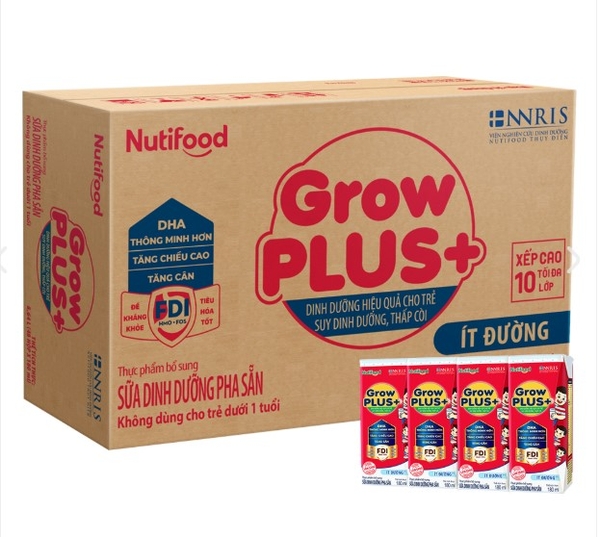 Sữa Nutifood Grow Plus đỏ ít đường, 180ml