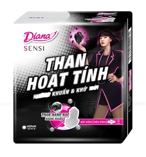 Băng vệ sinh Diana Sensi than hoạt tính mặt bông siêu mỏng cánh, gói 8 miếng