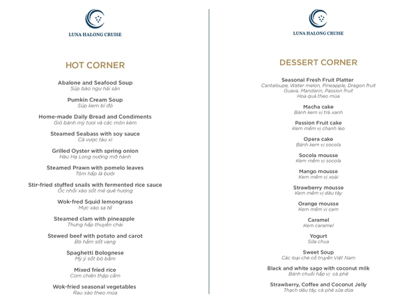 Menu buffet du thuyền Luna Halong 1