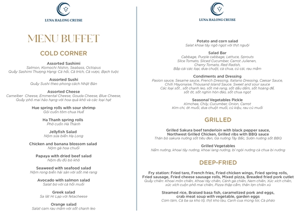 Menu buffet du thuyền Luna Halong
