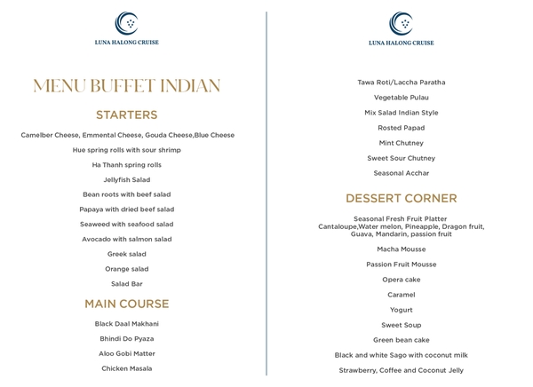 Thực đơn Indian du thuyền Luna Halong
