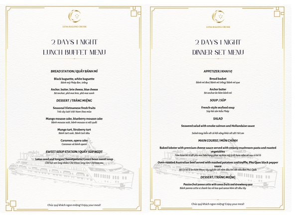 Thực đơn tàu ngủ đêm du thuyền Luna Halong