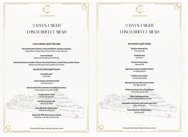 Thực đơn tàu ngủ đêm du thuyền Luna Halong