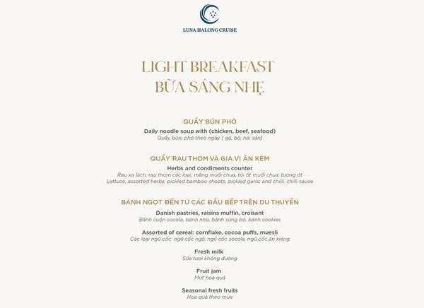 Thực đơn bữa sáng nhẹ du thuyền Luna Halong