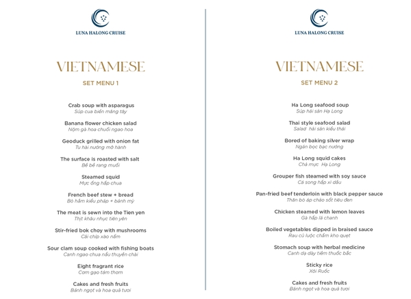 Thực đơn hội nghị du thuyền Luna