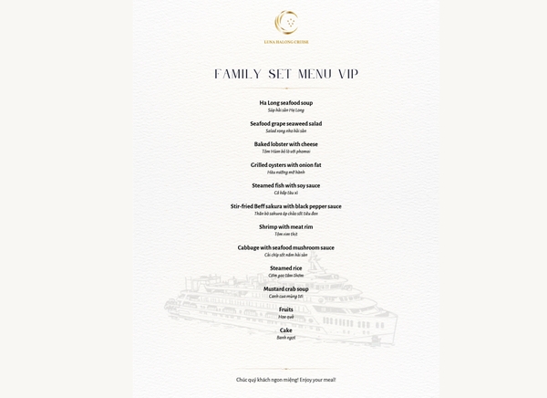 Thực đơn VIP du thuyền Luna