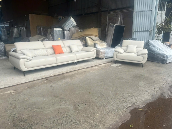 Bộ sofa da 1 văng 2m5 + 1 văng đơn + 2 đôn màu ghi
