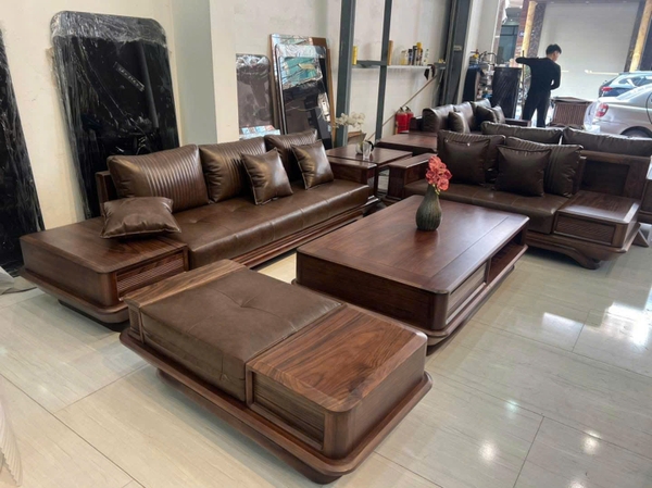 Sofa gỗ sồi Nga cao cấp góc phải hàng đặt, chân 12, đệm liền+ tựa bông theo mẫu bọc da Cleo màu theo chỉ định (KT: Văng 3- 2800*850; Văng 2- 2000*850; Đôn- 1200*600; Bàn trà- 1500*900; Bàn góc-700*700)