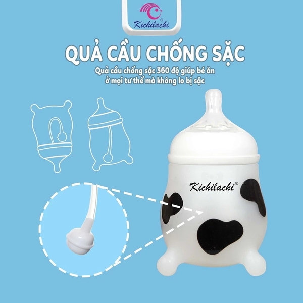 Bình sữa cho bé silicon Kichilachi hình bò sữa 180ML