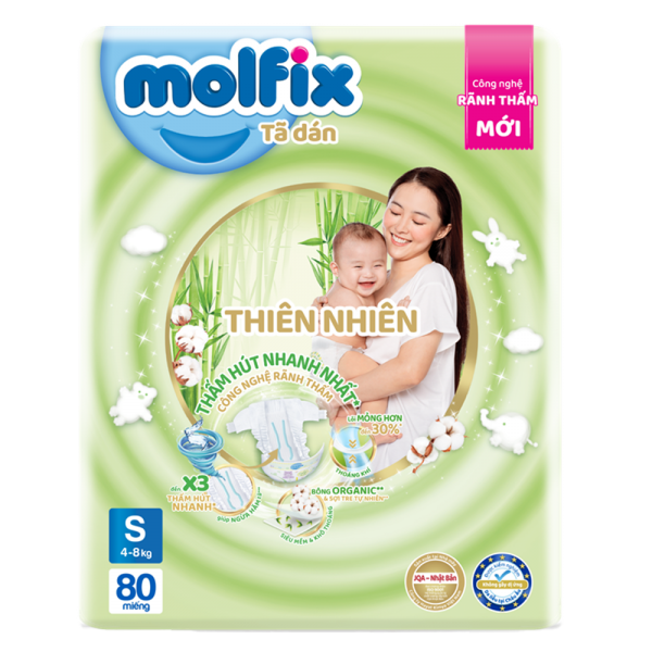 Bỉm tã dán Molfix Thiên nhiên (S, 4-8kg, 80 miếng)