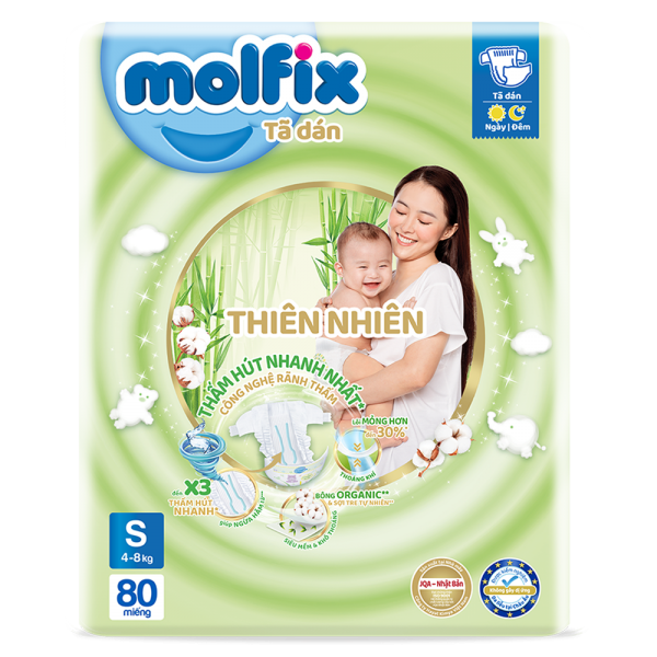 Bỉm tã dán Molfix Thiên nhiên (S, 4-8kg, 80 miếng)