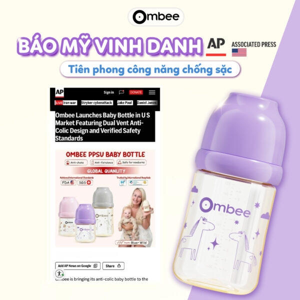 Bình sữa Ombee PPSU Anti-colic phiên bản Pony tím
