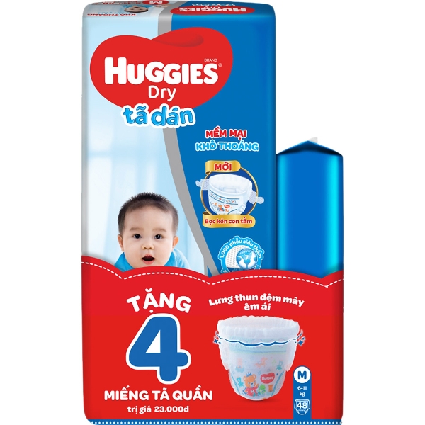Tã Dán Huggies Dry Gói Đại M48 (48 Miếng) - Tặng Thêm 4 Miếng Tã Quần Size M