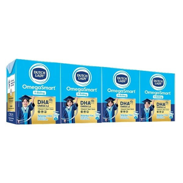 Lốc 4 hộp sữa tươi Dutch Lady OmegaSmart ít đường 110 ml (từ 1 tuổi)