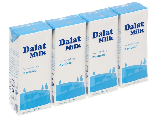 Sữa tươi tiệt trùng Dalat Milk ít đường 180ml (lốc 4 hộp)
