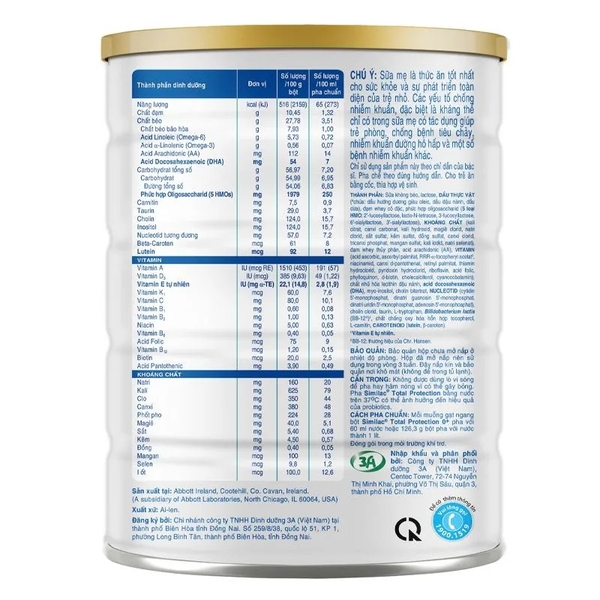 Sữa bột Similac Total Protection 0+ 850g/800g (0 -12 tháng)