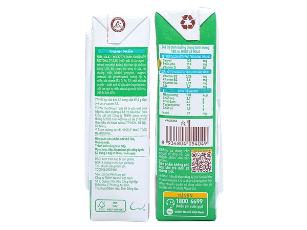 Sữa lúa mạch ít đường Milo A2 180ml