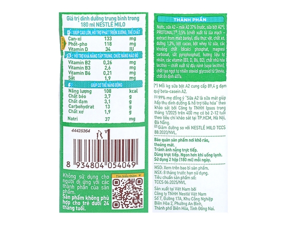 Sữa lúa mạch ít đường Milo A2 180ml