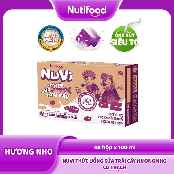 Thùng 48 Hộp Thức Uống Sữa Trái Cây Có Thạch NuVi Hương Nho 100ml