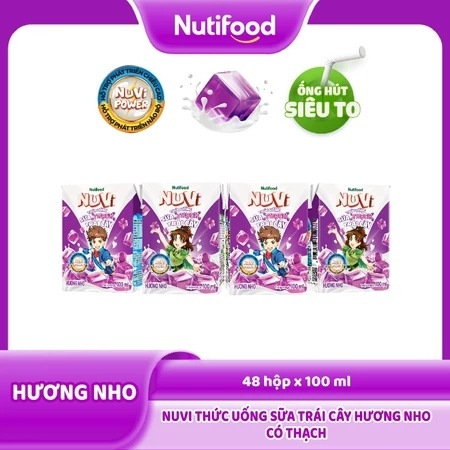 Thùng 48 Hộp Thức Uống Sữa Trái Cây Có Thạch NuVi Hương Nho 100ml