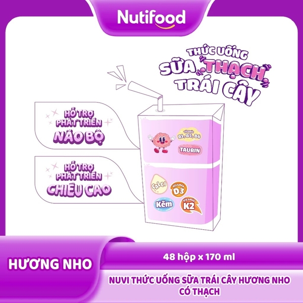 Thùng 48 Hộp Thức Uống Sữa Trái Cây Có Thạch NuVi Hương Nho 100ml