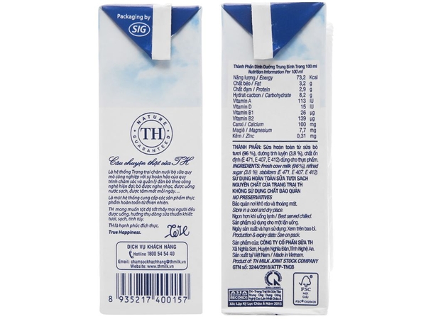 Thùng sữa tươi tiệt trùng có đường TH True Milk 180ml (48 Hộp)