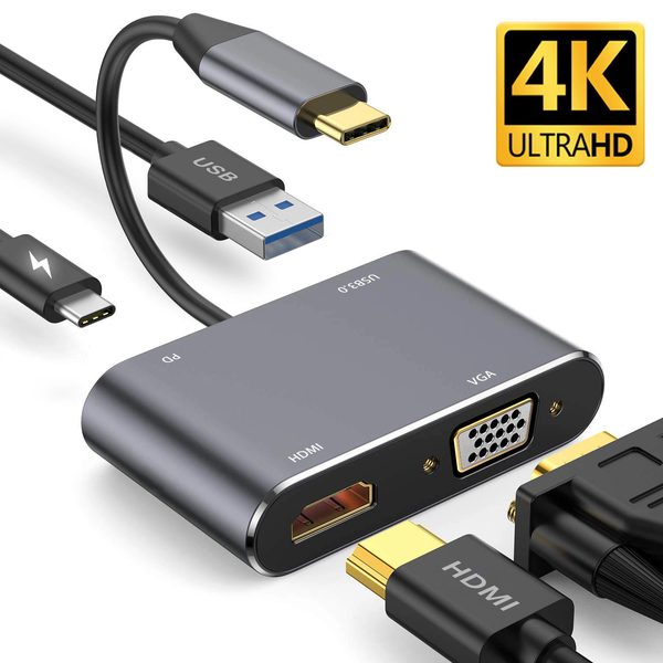 Cổng Chuyển Hub 4in1 USB-C To VGA + USB + PD + HDMI Hỗ trợ 4K