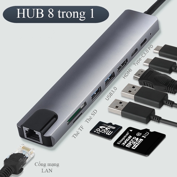 Hub chuyển đổi 8in1  USB Type C to HDMI + LAN + USB A...