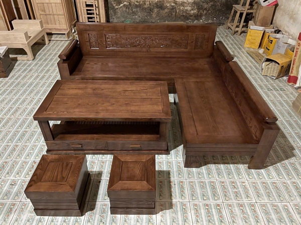 Bộ bàn ghê gỗ sồi tự nhiên lau óc KT 2m*1m8 bàn 60*1m10 đôn 35*35 MS 312