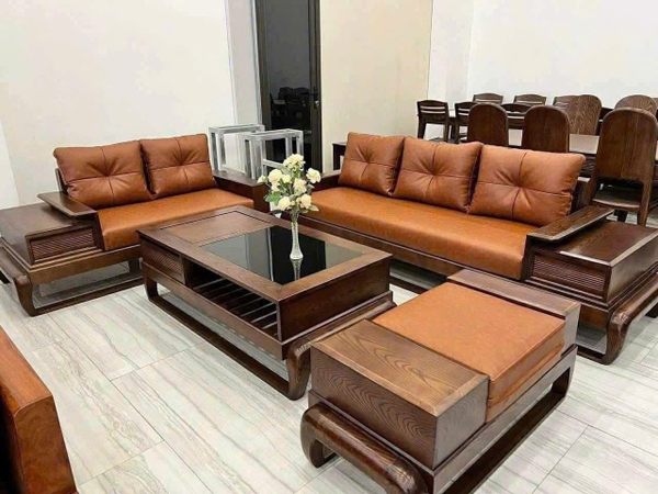 Bộ ghế sofa gỗ sồi tự nhiên kết hợp đệm bông ép da cao cấp MS 400