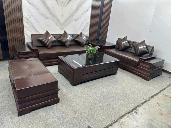 Bộ ghế sofa  gỗ sồi tự nhiên ghế 2m50 *1m8 sâu 75 cm bàn 70*1m4 đôn 50 *1m bàn kẹp 65 cm *65 cm MS 401