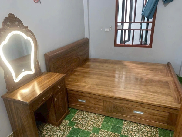 Combo giường  ngăn kéo bàn phấn gỗ hương xám phủ vơnia MS 450