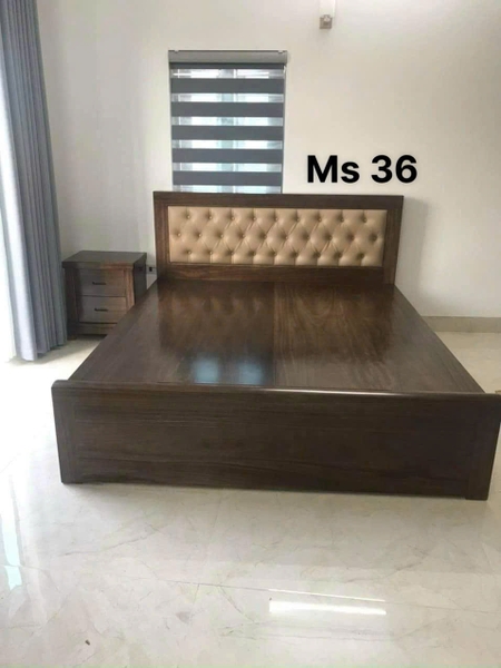 Giường gỗ hương xám sơn màu óc chó kèm đệm đầu giường MS36