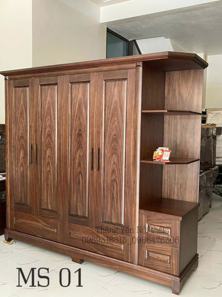 Tủ gỗ hương xám 4 cánh cộng góc trang trí MS01