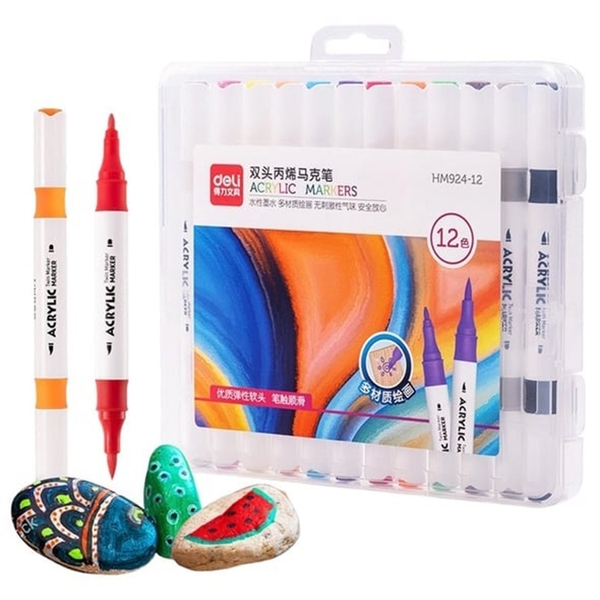 Bút Màu Acrylic Deli 2 Đầu HM924-12 Màu