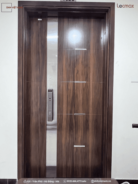 cửa thép vân gỗ 2 cánh lệch đẹp sang trọng bền bỉ