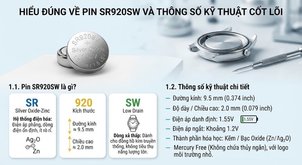 SR920SW là mã tiêu chuẩn quốc tế (theo hệ thống IEC) của một loại pin cúc áo (coin cell) hóa chất Silver Oxit Bạc