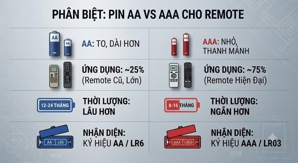 Phân biệt chi tiết: Pin AA vs AAA trên remote TV và máy lạnh