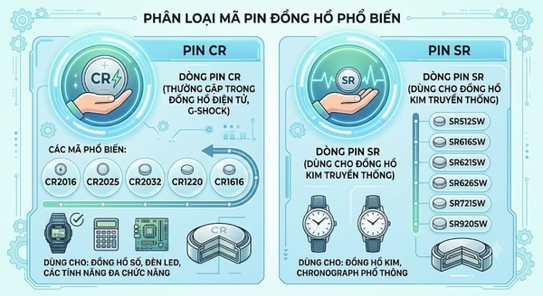 Phân loại mã pin đồng hồ phổ biến gồm pin CR và pin SR