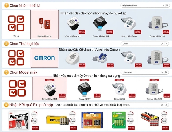 Các bước tra cứu mã pin máy đo huyết áp