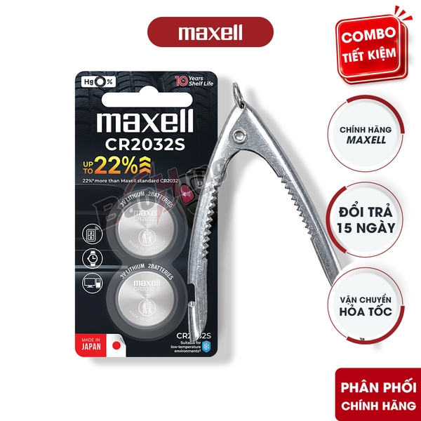 Pin Maxell CR2032S Lithium 3V (Combo Vỉ 2 Viên + Kềm) - Hàng Chính Hãng